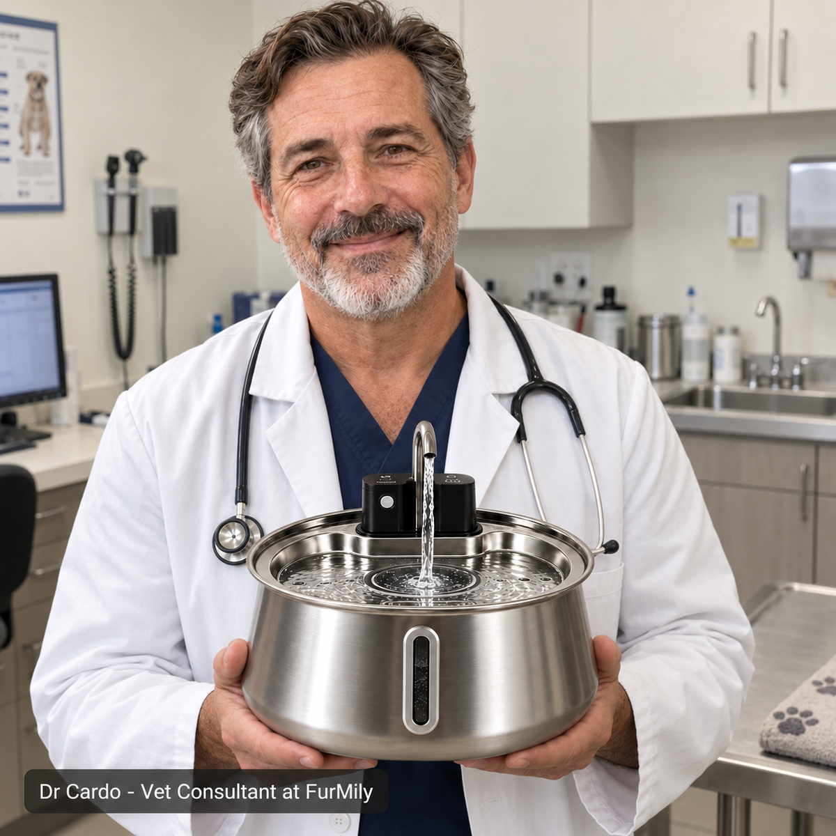Dr Cardo, vet consultant at FurMily, holding the FurMily pet water fountain